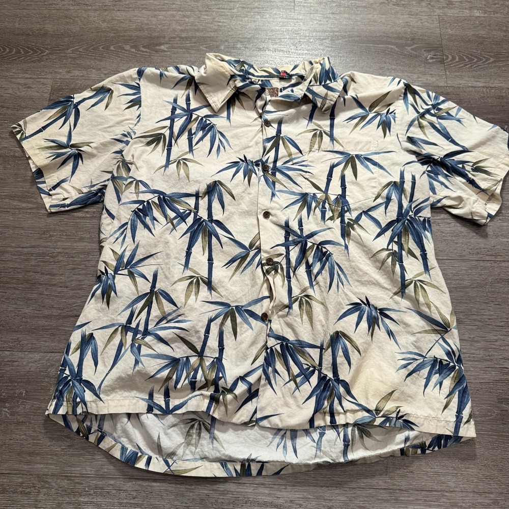 Kalaheo Shirt Mens 2XL Beige Blue Bamboo Print Cotton Hawaiian Aloha Tropical US